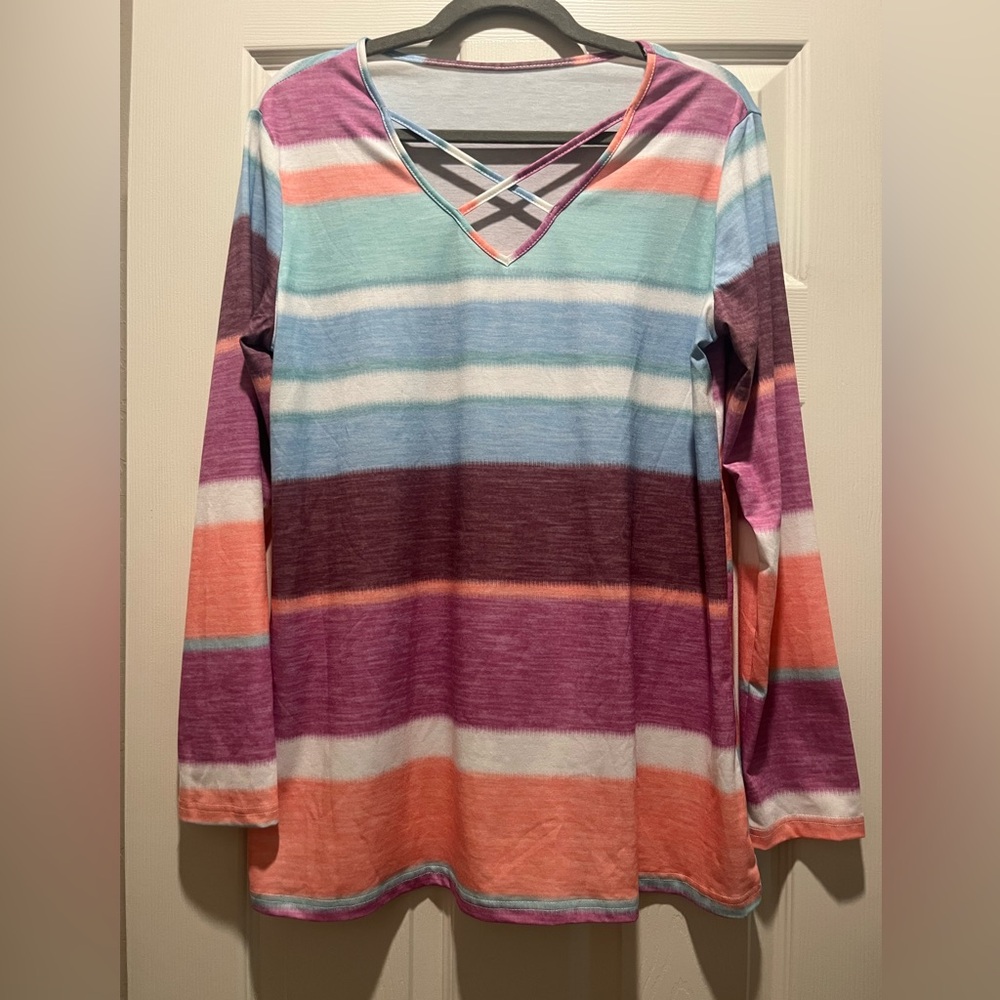 Stripey casual shirt with X design in front size large
